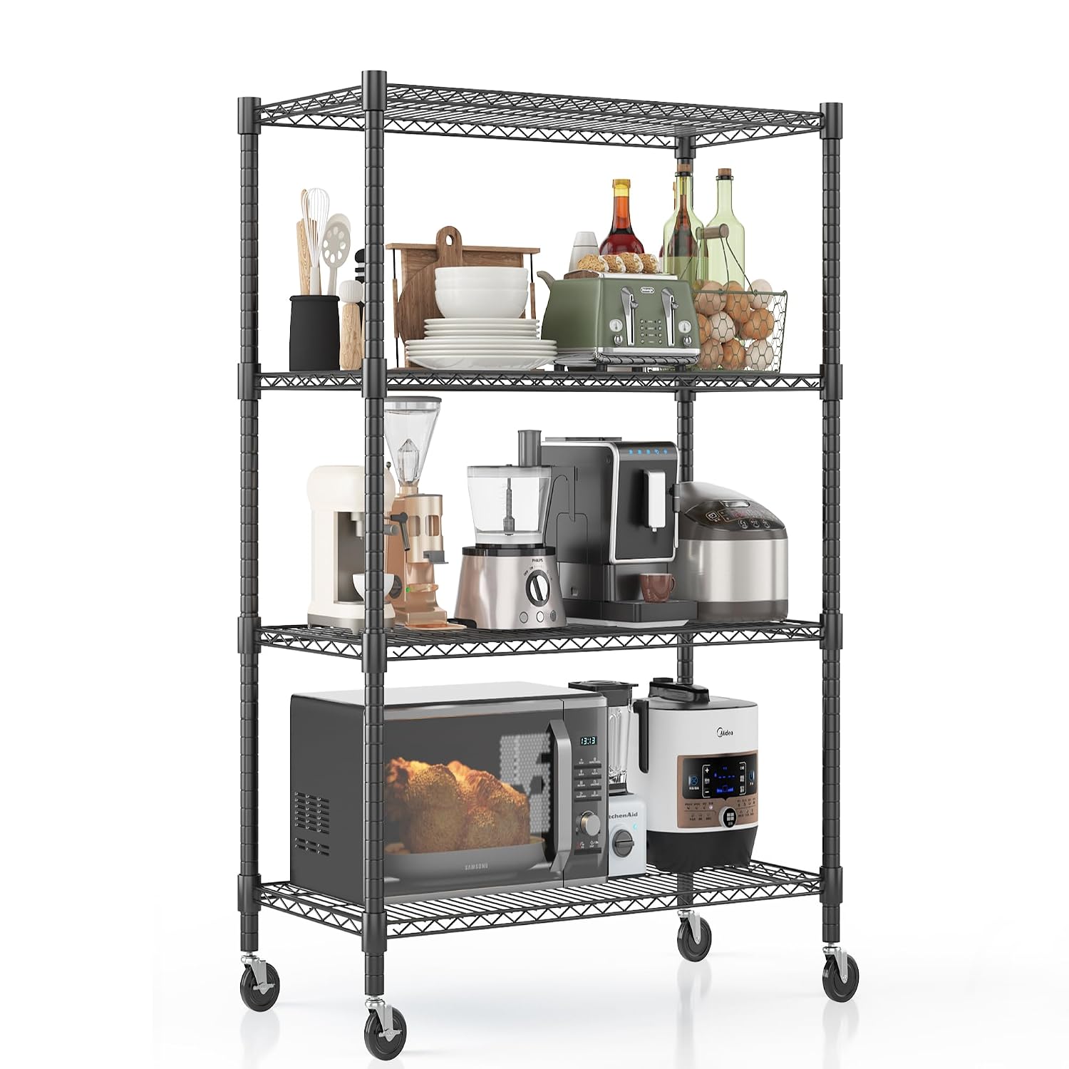 Commercial Kitchen On Wheels - Tekerlekli 4 Katmanlı Ayarlanabilir Metal Depolama